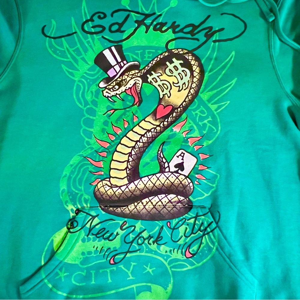 Ed Hardy Cobra Ace Hoodie Sweatshirt Size Large Green - Picture 4 of 14